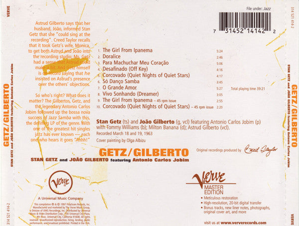 Stan Getz And João Gilberto Featuring Antonio Carlos Jobim : Getz / Gilberto (CD, Album, RE)