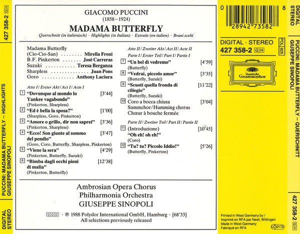 Giacomo Puccini, Giuseppe Sinopoli, Mirella Freni, José Carreras, Teresa Berganza, Juan Pons, The Ambrosian Opera Chorus & Philharmonia Orchestra : Madama Butterfly - Highlights (CD, RE)