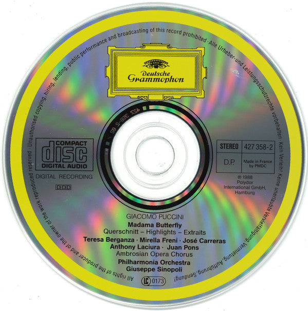 Giacomo Puccini, Giuseppe Sinopoli, Mirella Freni, José Carreras, Teresa Berganza, Juan Pons, The Ambrosian Opera Chorus & Philharmonia Orchestra : Madama Butterfly - Highlights (CD, RE)