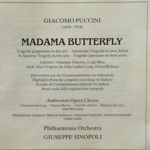 Giacomo Puccini, Giuseppe Sinopoli, Mirella Freni, José Carreras, Teresa Berganza, Juan Pons, The Ambrosian Opera Chorus & Philharmonia Orchestra : Madama Butterfly - Highlights (CD, RE)