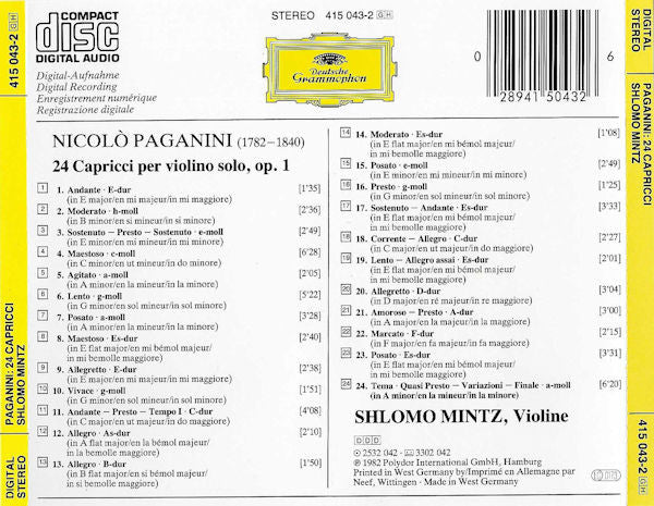 Niccolò Paganini, Shlomo Mintz : 24 Capricci (CD, Album, RE)