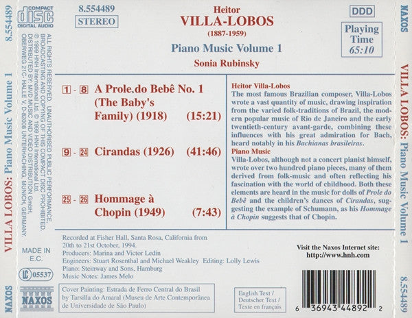 Heitor Villa-Lobos - Sonia Rubinsky : Piano Music Vol. 1 (A Prole Do Bebê No. 1 / Cirandas • Hommage À Chopin) (CD)