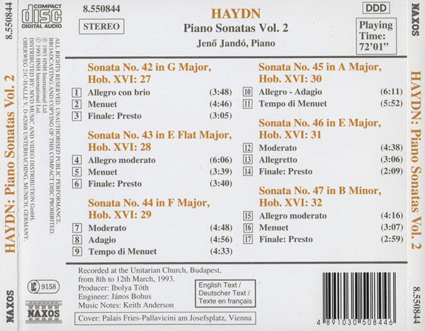 Joseph Haydn - Jenö Jandó : Piano Sonatas Vol. 2 (Nos. 42 - 47) (CD, RE)