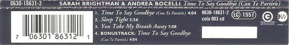 Sarah Brightman & Andrea Bocelli : Time To Say Goodbye (Con Te Partirò) (CD, Single, Dis)
