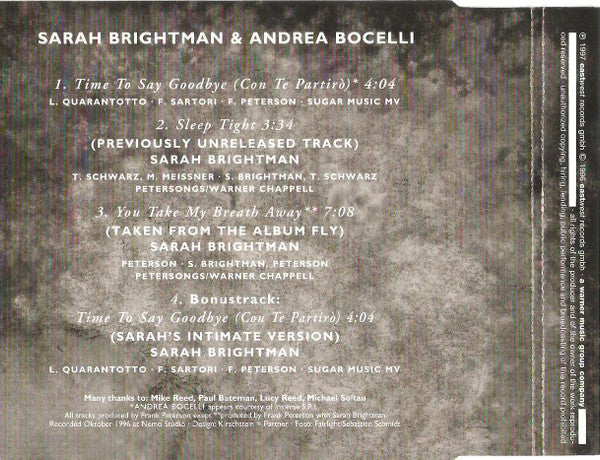 Sarah Brightman & Andrea Bocelli : Time To Say Goodbye (Con Te Partirò) (CD, Single, Dis)