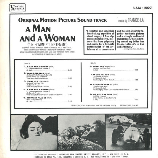 Francis Lai : A Man And A Woman = Un Homme Et Une Femme (Original Motion Picture Soundtrack) (LP, Album, Mono)