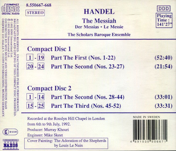 Georg Friedrich Händel, The Scholars Baroque Ensemble : The Messiah (Der Messias • Le Messie) (2xCD, Album)