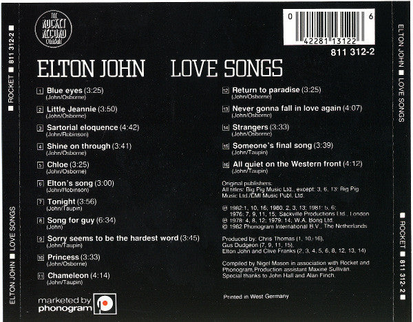 Elton John : Love Songs (CD, Comp, RP)