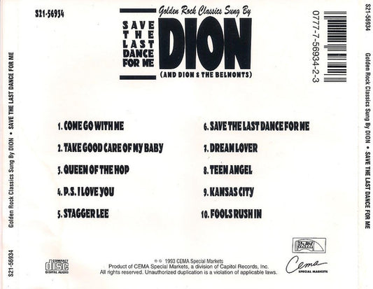 Dion (3) And Dion & The Belmonts : Save The Last Dance For Me: Golden Rock Classics Sung By Dion (And Dion & The Belmonts) (CD, Comp)