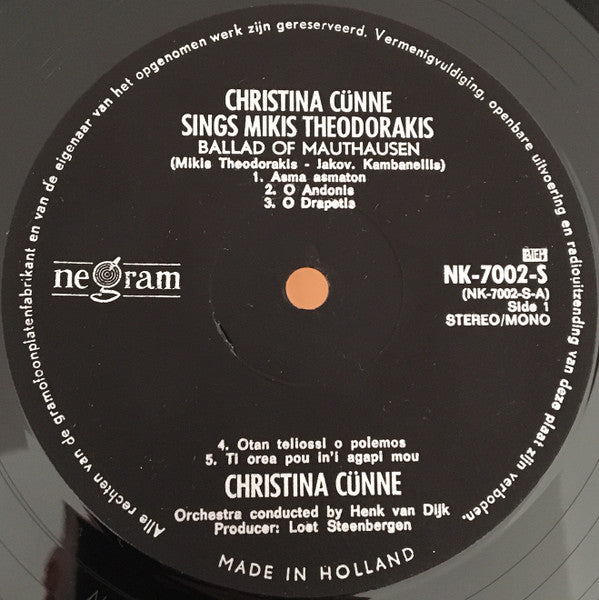 Mikis Theodorakis, Christina Cünne : Christina Cünne Sings Theodorakis (1) (LP, Album)