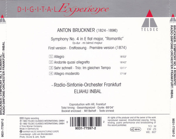 Anton Bruckner - Radio-Sinfonie-Orchester Frankfurt - Eliahu Inbal : Symphony No.4 'Romantic' (CD, Album, RE)