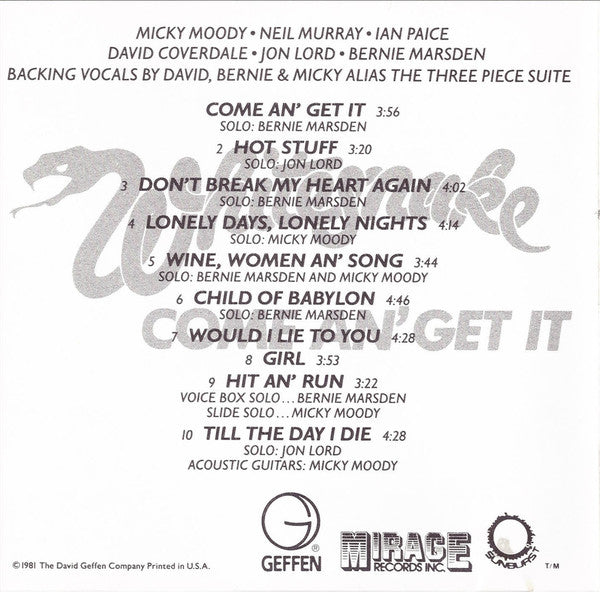 Whitesnake : Come An' Get It (CD, Album, RE)