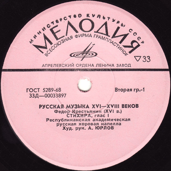 Государственная Республиканская Академическая Русская Хоровая Капелла : Русская Музыка XVI—XVIII Веков (7", Mono, RP)