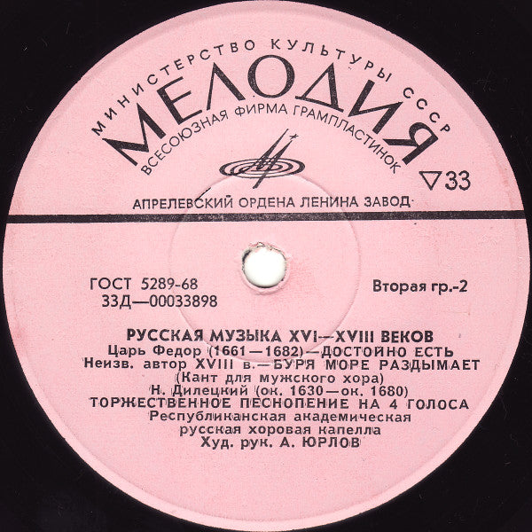 Государственная Республиканская Академическая Русская Хоровая Капелла : Русская Музыка XVI—XVIII Веков (7", Mono, RP)