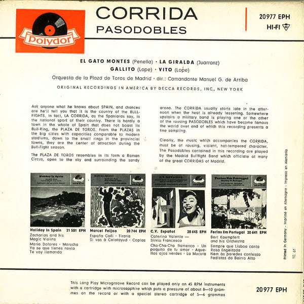 Orquesta De La Plaza De Toros De Madrid : Corrida Pasodobles (7", EP, Mono)