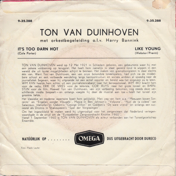Ton van Duinhoven : It's Too Darn Hot / Like Young (7", Mono)