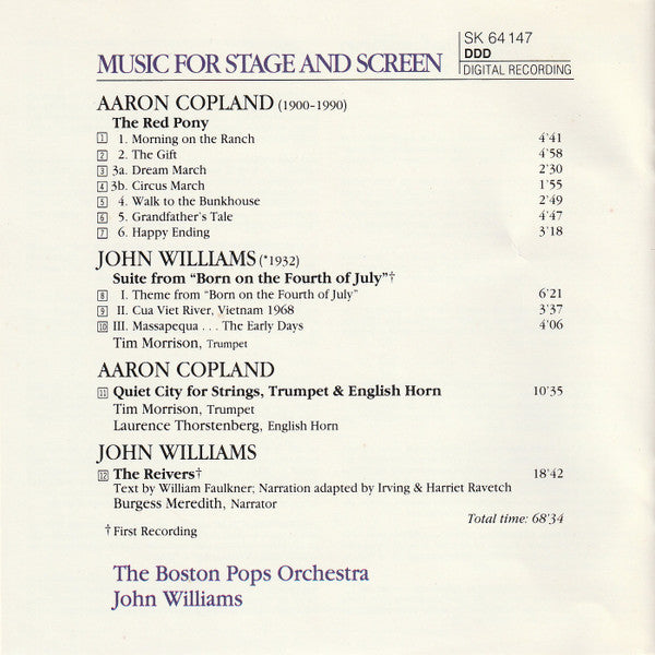Aaron Copland, John Williams (4), Boston Pops Orchestra : Music For Stage And Screen (CD, Album)
