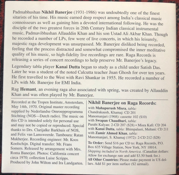 Nikhil Banerjee : Hemant - Amsterdam 1970 (CD)