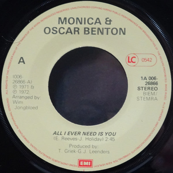 Monica (10) & Oscar Benton : All I Ever Need Is You / Everybody Is Telling Me (7", Single, RE)