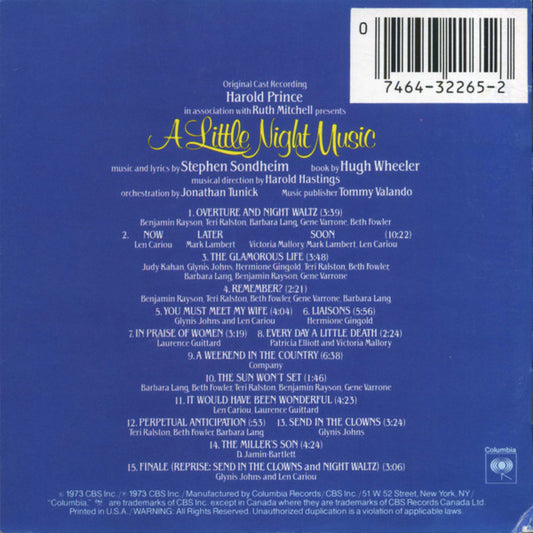 Stephen Sondheim, A Little Night Music Original Broadway Cast, Company : A Little Night Music (Original Cast Recording) (CD, Album, RE, RM)