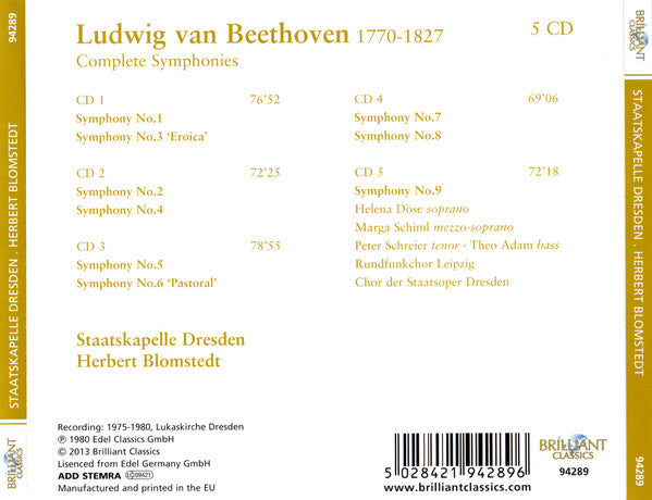 Ludwig van Beethoven, Herbert Blomstedt, Staatskapelle Dresden : IX Symphonies (5xCD, Comp, RE + Box)