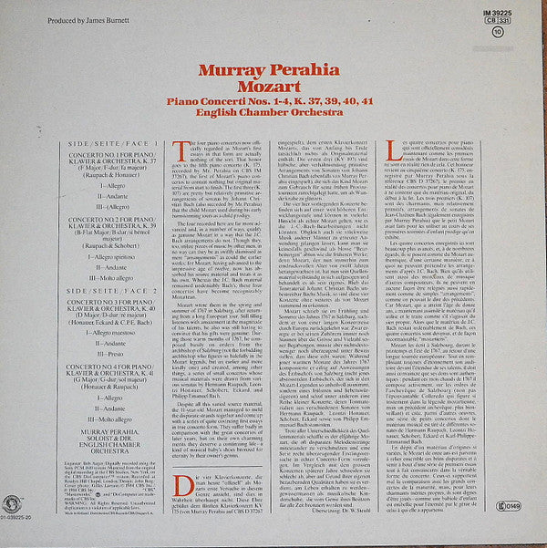 Murray Perahia / Wolfgang Amadeus Mozart, English Chamber Orchestra : Piano Concerti Nos. 1-4, K. 37, 39, 40, 41 (LP, Album)