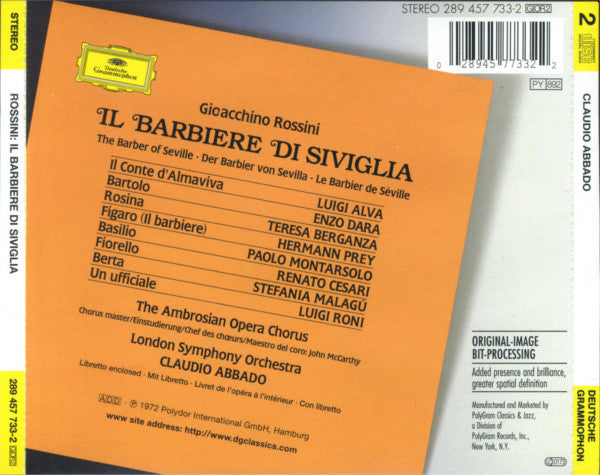 Gioacchino Rossini - Hermann Prey · Teresa Berganza · Luigi Alva · Enzo Dara · Paolo Montarsolo - London Symphony Orchestra - Claudio Abbado : Il Barbiere Di Siviglia (2xCD, Album, RE, RM + Box)