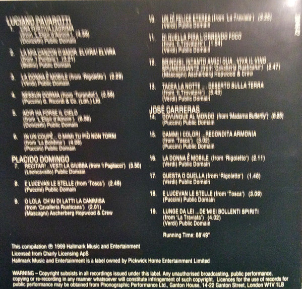 Luciano Pavarotti, Placido Domingo, José Carreras : Three Tenors Live (CD, Album)