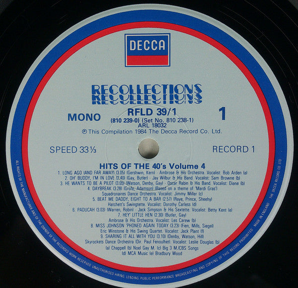 Various : Hits Of The Forties Volume 4 (2xLP, Comp, Mono, RM)
