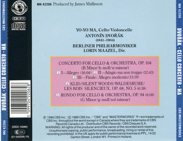 Yo-Yo Ma, Antonín Dvořák, Berliner Philharmoniker, Lorin Maazel : Cello Concerto, Op.104 / Rondo, Op.94 / Klid/Waldesruhe, Op.68 No. 5 (CD)