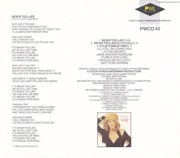 Kylie Minogue : Never Too Late (CD, Single)