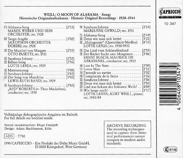 Kurt Weill : O Moon Of Alabama (CD, Comp)