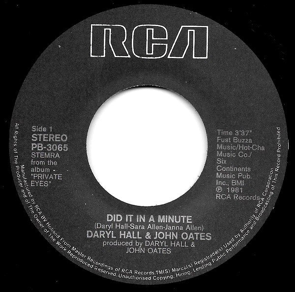 Daryl Hall & John Oates : Did It In A Minute (7", Single)