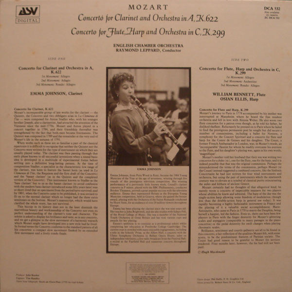 Wolfgang Amadeus Mozart - Emma Johnson, William Bennett (3), Osian Ellis, English Chamber Orchestra, Raymond Leppard : Concerto For Clarinet And Orchestra In A, K.622 / Concerto For Flute, Harp And Orchestra In C, K.299 (LP)