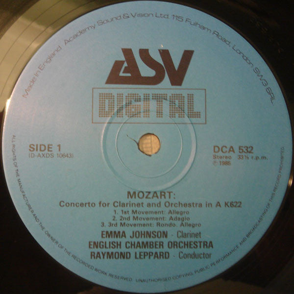 Wolfgang Amadeus Mozart - Emma Johnson, William Bennett (3), Osian Ellis, English Chamber Orchestra, Raymond Leppard : Concerto For Clarinet And Orchestra In A, K.622 / Concerto For Flute, Harp And Orchestra In C, K.299 (LP)