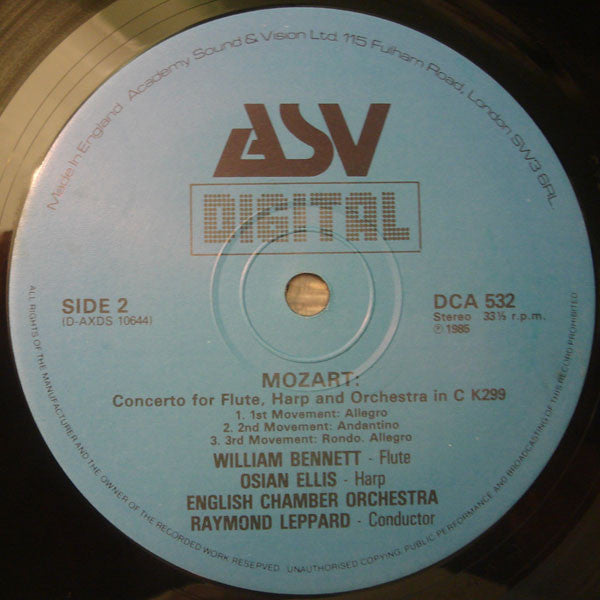 Wolfgang Amadeus Mozart - Emma Johnson, William Bennett (3), Osian Ellis, English Chamber Orchestra, Raymond Leppard : Concerto For Clarinet And Orchestra In A, K.622 / Concerto For Flute, Harp And Orchestra In C, K.299 (LP)