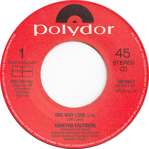 Agnetha Fältskog : One Way Love (7", Single)