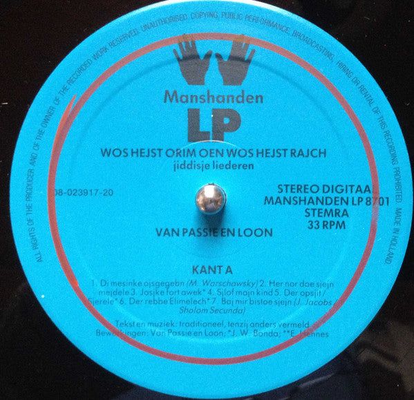 Van Passie En Loon : Wos Hejst Orim Oen Wos Hejst Rajch Jiddisje Liederen (LP, Album)