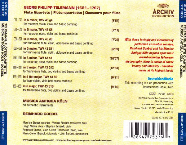 Georg Philipp Telemann - Musica Antiqua Köln • Reinhard Goebel : Flötenquartette (CD, Album)