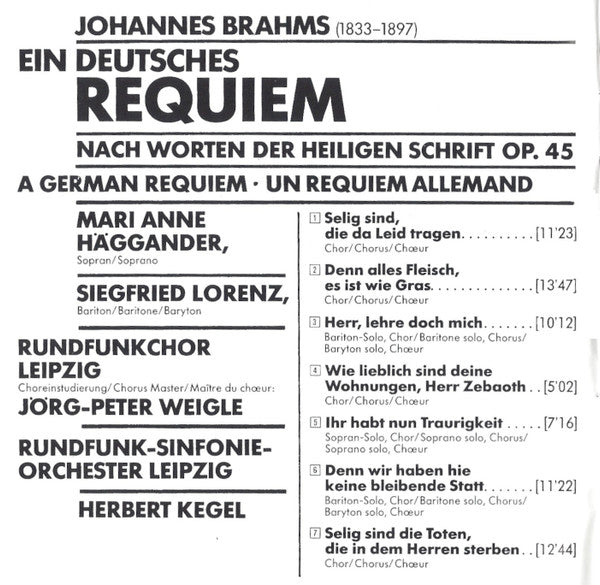 Johannes Brahms - Herbert Kegel - Rundfunk-Sinfonie-Orchester Leipzig : Ein Deutsches Requiem (CD)