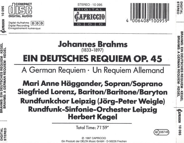 Johannes Brahms - Herbert Kegel - Rundfunk-Sinfonie-Orchester Leipzig : Ein Deutsches Requiem (CD)