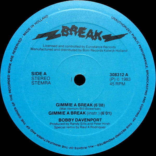 Bobby Davenport : Gimmie A Break (12")