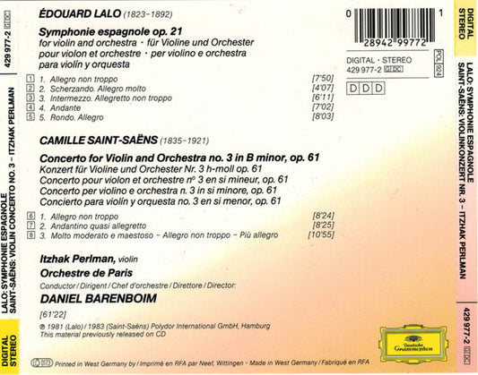 Édouard Lalo / Camille Saint-Saëns – Itzhak Perlman, Orchestre De Paris, Daniel Barenboim : Symphonie Espagnole / Violin Concerto No. 3 (CD, Comp)