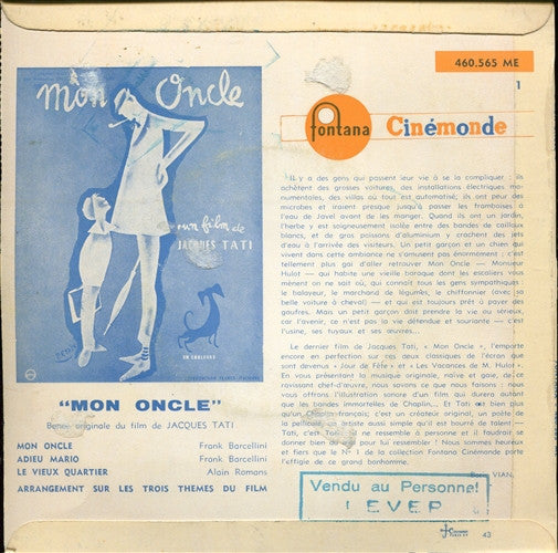 Franck Barcellini & Alain Romans : Bande Originale Du Film De Jacques Tati "Mon Oncle" (7", EP, RE)