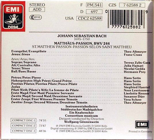 Johann Sebastian Bach / Theo Altmeyer · Franz Crass · Teresa Żylis-Gara · Julia Hamari · Nicolai Gedda · Hermann Prey · Hans Sotin · Siegfried Haertel / Der Süddeutsche Madrigalchor, Consortium Musicum (2), Wolfgang Gönnenwein : Matthäus-Passion (3xCD, Album, RE, RM)