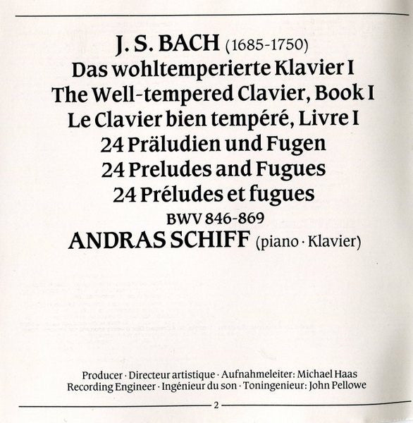 Johann Sebastian Bach, András Schiff : The Well-Tempered Clavier, Book I (2xCD, Album)