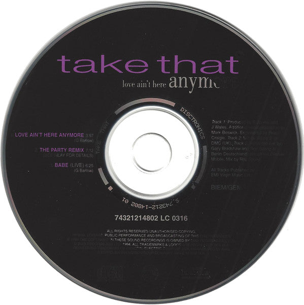Take That : Love Ain't Here Anymore (CD, Single)