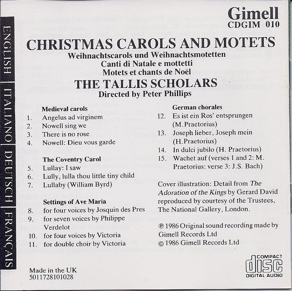The Tallis Scholars & Peter Phillips (2) : Christmas Carols And Motets / Weihnachtscarols Und Weihnachtsmotetten / Canti Di Natale E Mottetti / Motets Et Chants De Noël (CD, Album, Emp)