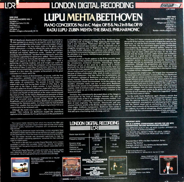 Ludwig van Beethoven, Radu Lupu, Zubin Mehta, Israel Philharmonic Orchestra : Piano Concertos No.1 In C & No.2 In B Flat (LP)