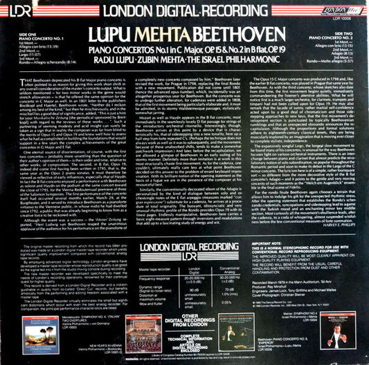 Ludwig van Beethoven, Radu Lupu, Zubin Mehta, Israel Philharmonic Orchestra : Piano Concertos No.1 In C & No.2 In B Flat (LP)